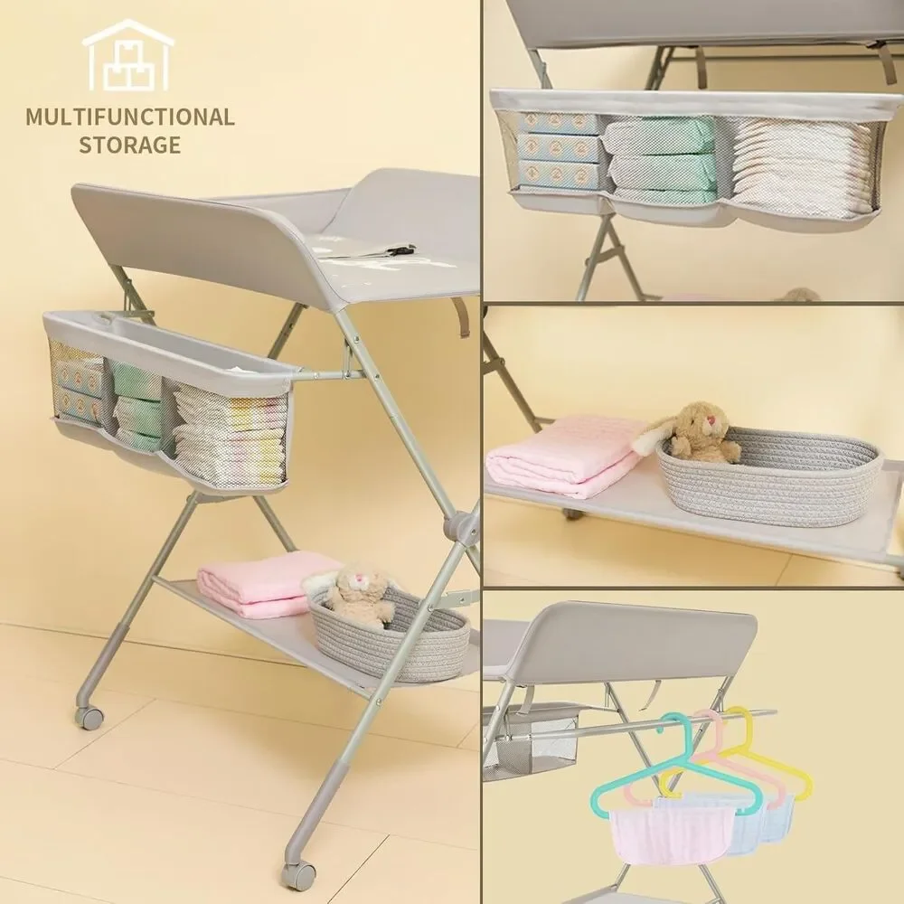 KARAOK Baby Changing Table w/ Wheels 4-Level Height Storage Grey Open Box